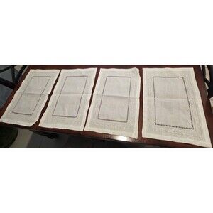 Cut Out Lace Linen Placemats White Set of 4 Vintage Handmade 19.5" x 12"
